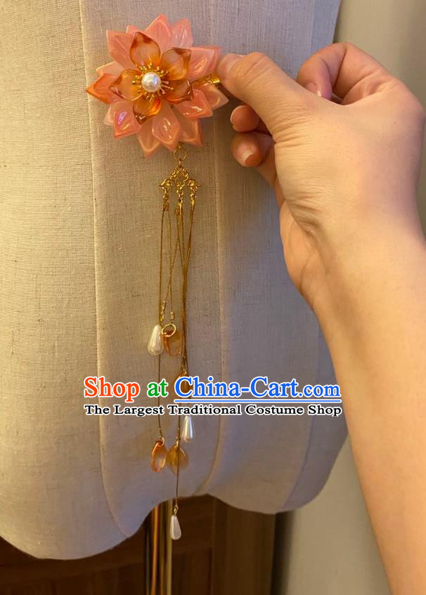 Chinese Ancient Princess Tassel Hairpin Hanfu Hair Accessories Women Handmade Pink Lotus Hair Claw