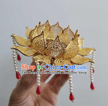 Chinese Ancient Princess Red Stone Tassel Hairpins Hair Accessories Handmade Hanfu Tang Dynasty Imperial Concubine Golden Lotus Hair Crown