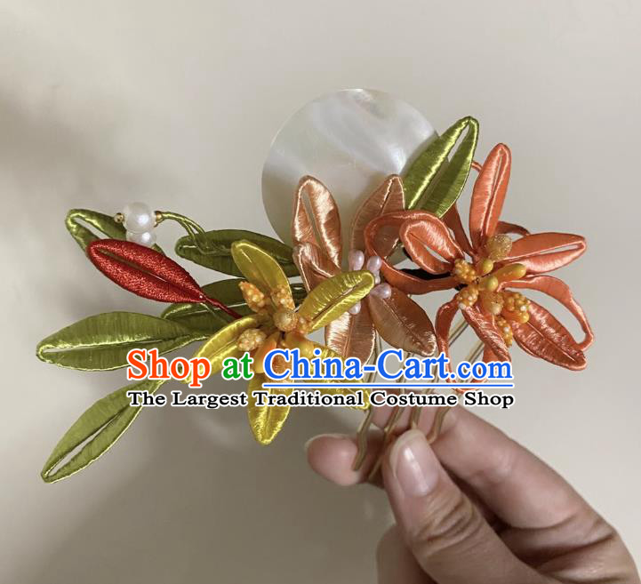 Chinese Ancient Princess Silk Flower Hairpins Hair Accessories Handmade Hanfu Shell Hair Comb