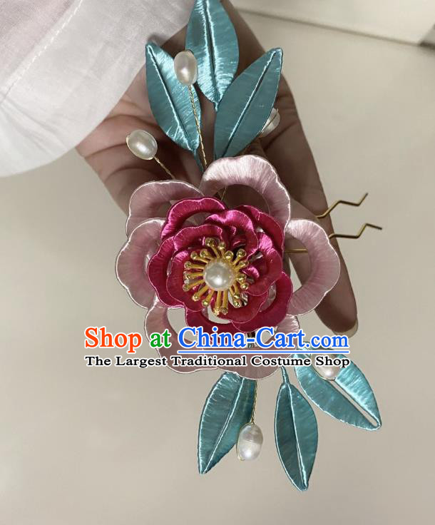 Chinese Ancient Princess Pink Silk Flowers Hairpins Hair Accessories Handmade Hanfu Rose Hair Clip