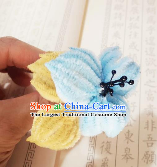 Chinese Ancient Princess Blue Velvet Flowers Hairpins Hair Accessories Handmade Qing Dynasty Palace Lady Hair Stick