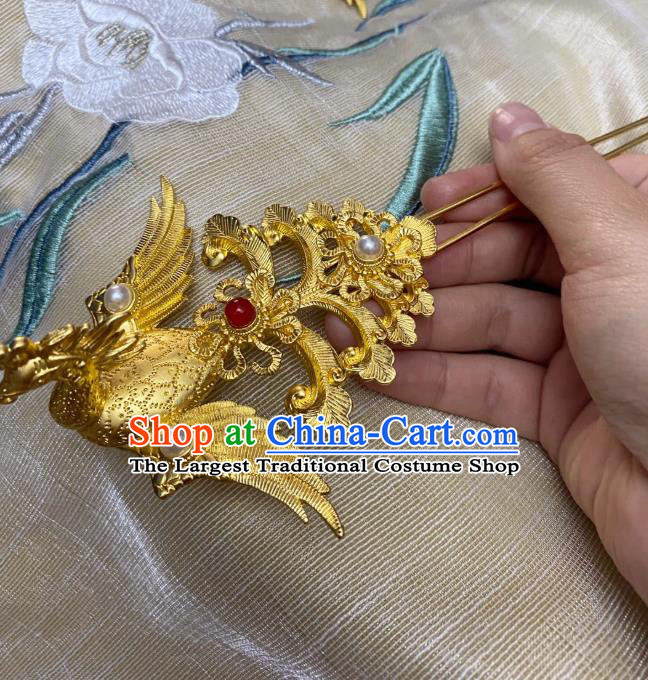 Chinese Ancient Empress Golden Phoenix Hairpins Hair Accessories Handmade Ming Dynasty Court Queen Agate Hair Stick