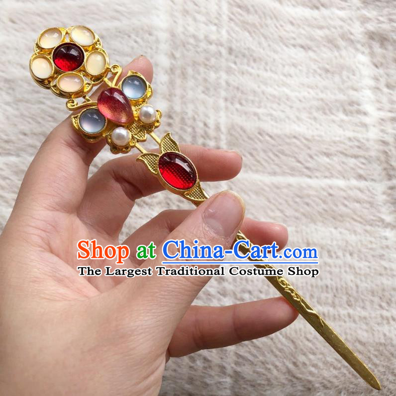 Chinese Ancient Empress Golden Hairpins Hair Accessories Handmade Ming Dynasty Court Gems Hair Stick