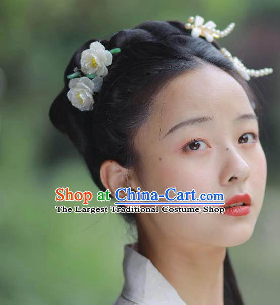 Chinese Ancient Princess White Camellia Hairpins Hair Accessories Handmade Ming Dynasty Shell Hair Sticks