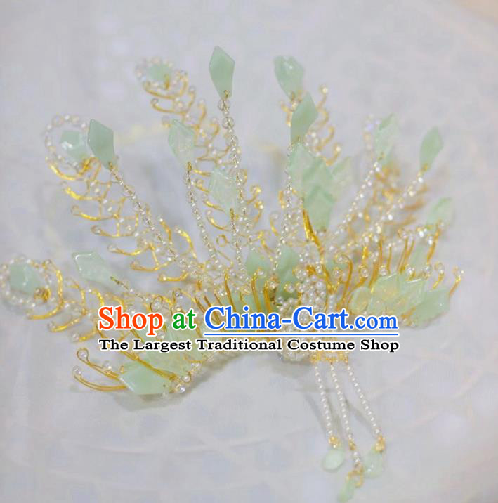 Chinese Ancient Imperial Concubine Pearls Tassel Hairpins Hair Accessories Handmade Ming Dynasty Court Green Tail Phoenix Hair Crown