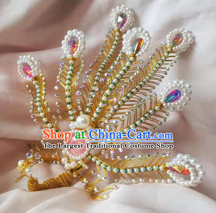 Chinese Ancient Imperial Concubine Golden Hairpins Hair Accessories Handmade Ming Dynasty Court Pink Crystal Phoenix Hair Crown