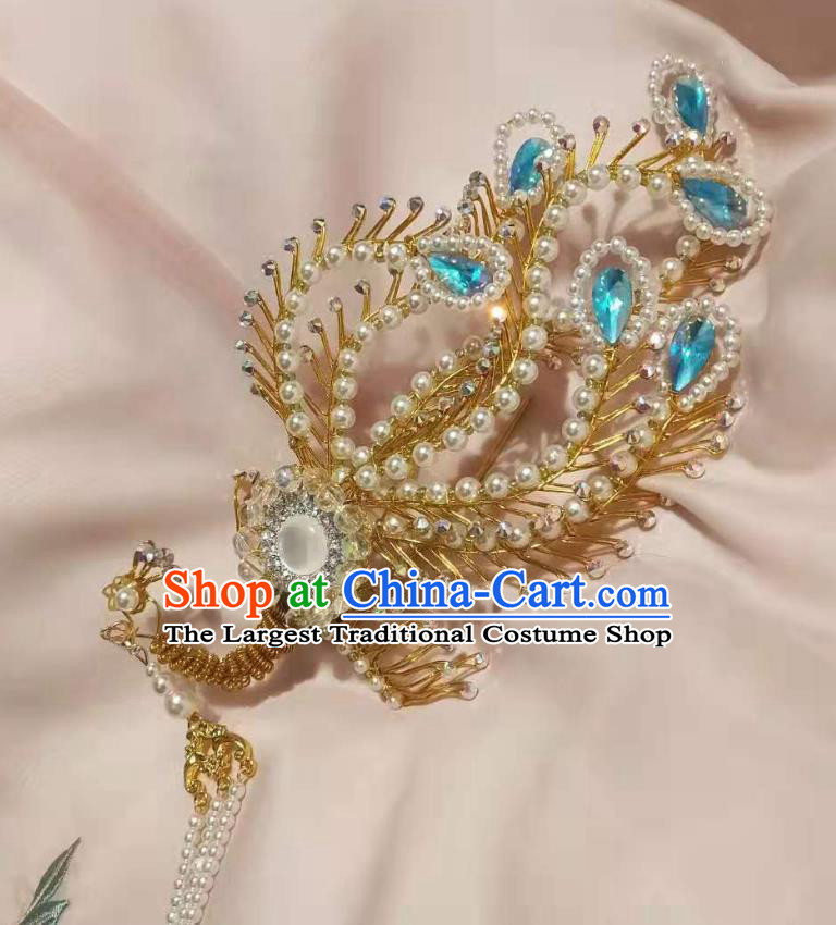 Chinese Ancient Imperial Empress Blue Crystal Phoenix Tassel Step Shake Hairpins Hair Accessories Handmade Ming Dynasty Court Golden Hair Crown