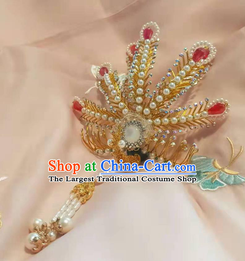 Chinese Ancient Imperial Concubine Beads Tassel Golden Hairpins Hair Accessories Handmade Ming Dynasty Court Red Beads Phoenix Hair Crown