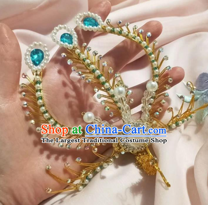 Chinese Ancient Empress Blue Crystal Hair Comb Hairpins Hair Accessories Handmade Ming Dynasty Palace Golden Phoenix Hair Crown