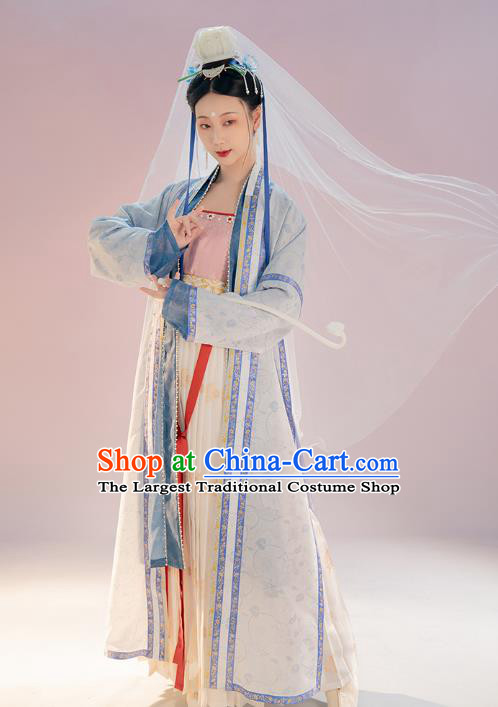 Chinese Ancient Goddess Hanfu Apparels Traditional Costumes Song Dynasty Imperial Concubine Embroidered BeiZi Top and Skirt Full Set