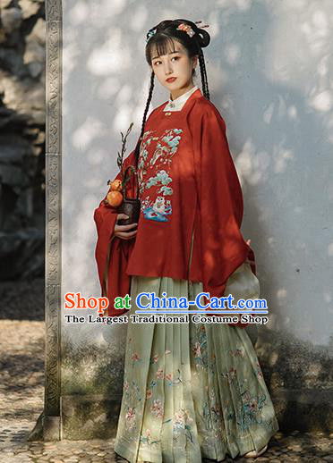 Chinese Ancient Noble Girl Hanfu Apparels Traditional Costumes Ming Dynasty Young Lady Embroidered Red Blouse and Skirt Full Set