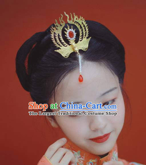 Chinese Ancient Empress Golden Phoenix Hair Crown Hairpins Hair Accessories Handmade Ming Dynasty Palace Pearl Tassel Hair Stick