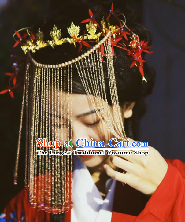 Chinese Classical Wedding Handmade Tassel Face Mask and Headwear Ancient Ming Dynasty Princess Hanfu Hair Accessories Full Set