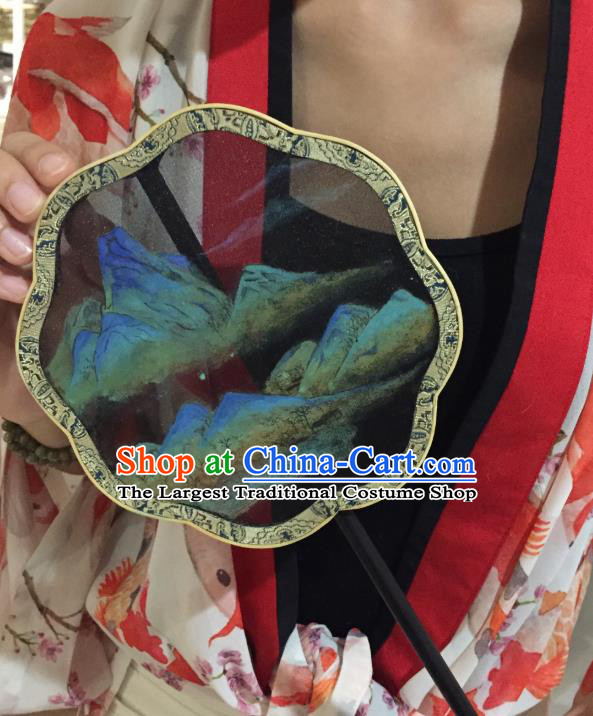 Chinese Classical Fans Handmade Fan Ancient Ming Dynasty Princess Hanfu Landscape Painting Black Silk Palace Fan