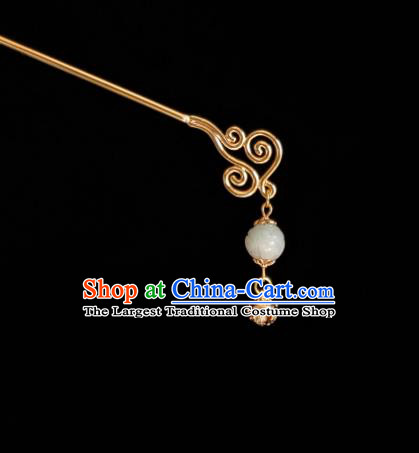 Chinese Ancient Princess Golden Bell Hairpins Hair Accessories Handmade Cheongsam Carving Lotus White Jade Hair Stick