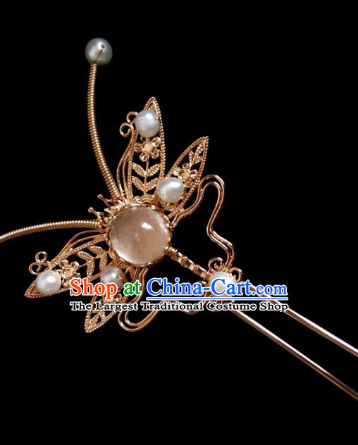 Chinese Ancient Royal Princess Albite Hairpins Hair Accessories Handmade Ming Dynasty Hanfu Golden Dragonfly Hair Stick