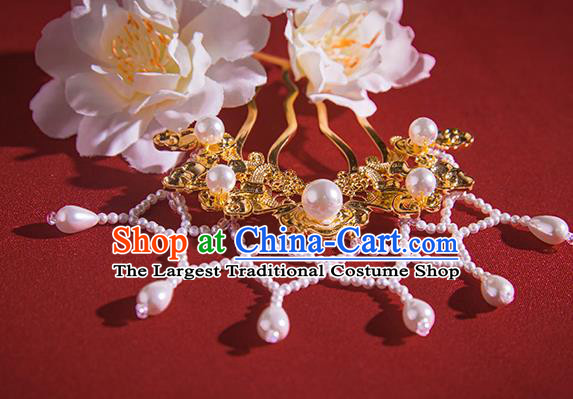 Chinese Ancient Queen Golden Hair Comb Handmade Ming Dynasty Empress Hair Accessories Hanfu Pearls Tassel Hairpins