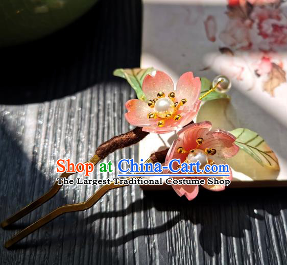 Chinese Classical Pink Sakura Hair Stick Handmade Hanfu Hair Accessories Ancient Song Dynasty Court Lady Flowers Hairpins