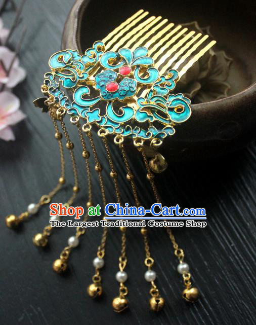 Chinese Classical Golden Bells Tassel Hair Comb Handmade Hanfu Hair Accessories Ancient Ming Dynasty Blueing Hairpins