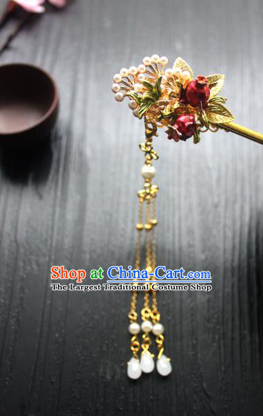 Chinese Classical Golden Leaf Hair Stick Handmade Hanfu Hair Accessories Ancient Ming Dynasty Pomegranate Hairpins