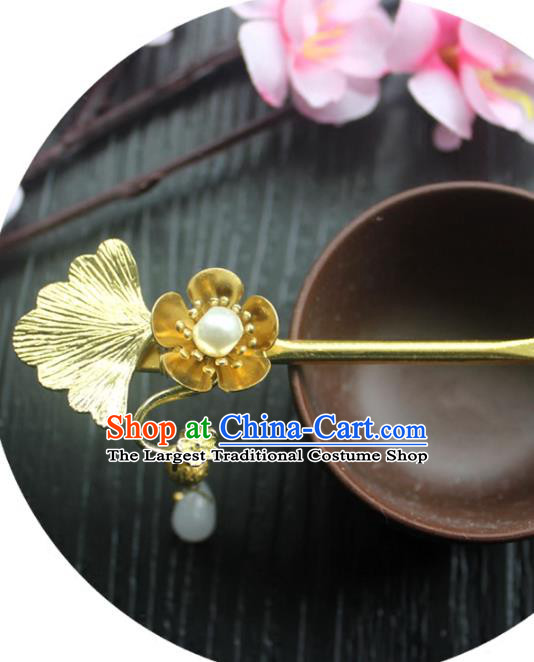 Chinese Classical Ginkgo Leaf Hair Stick Handmade Hanfu Hair Accessories Ancient Jin Dynasty Court Golden Plum Hairpins