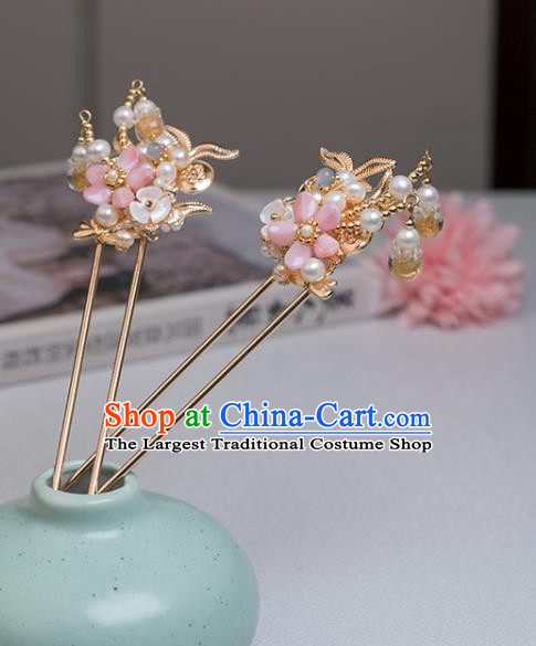 Chinese Classical Court Pink Plum Hair Stick Handmade Hanfu Hair Accessories Ancient Song Dynasty Princess Pearls Golden Hairpins