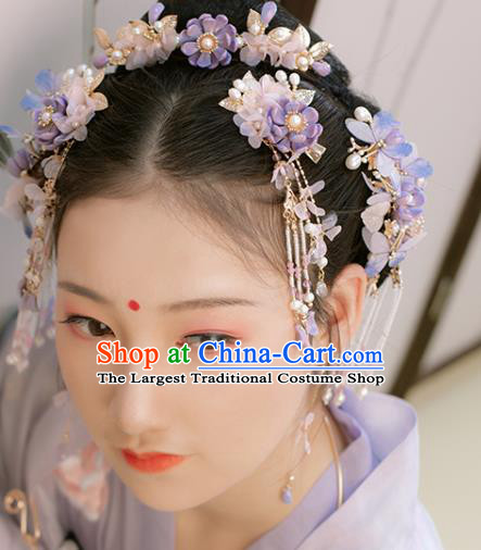 Chinese Classical Court Pink Silk Flower Hair Stick Handmade Hanfu Hair Accessories Ancient Ming Dynasty Princess Purple Lotus Hairpins