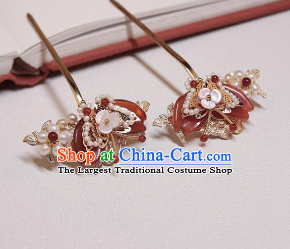 Chinese Classical Court Agate Butterfly Hair Stick Handmade Hanfu Hair Accessories Ancient Ming Dynasty Princess Pearls Hairpins