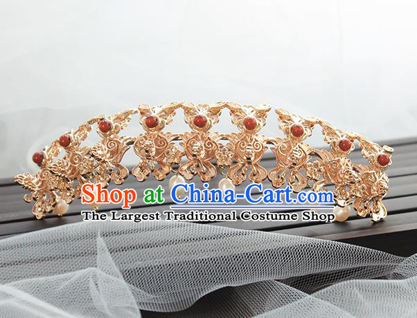 Chinese Classical Pearls Tassel Hair Crown Handmade Hanfu Hair Accessories Ancient Ming Dynasty Empress Golden Dragons Hairpins