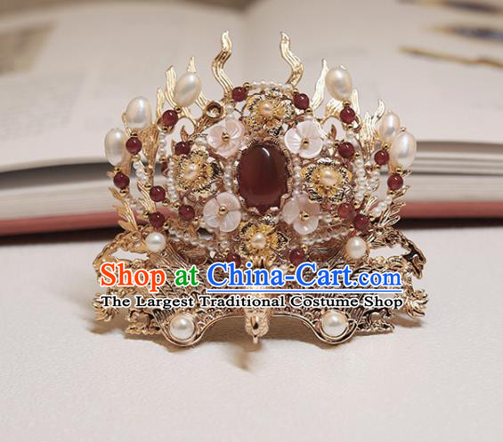 Chinese Classical Court Golden Phoenix Hair Crown Handmade Hanfu Hair Accessories Ancient Ming Dynasty Princess Agate Pearls Hairpins