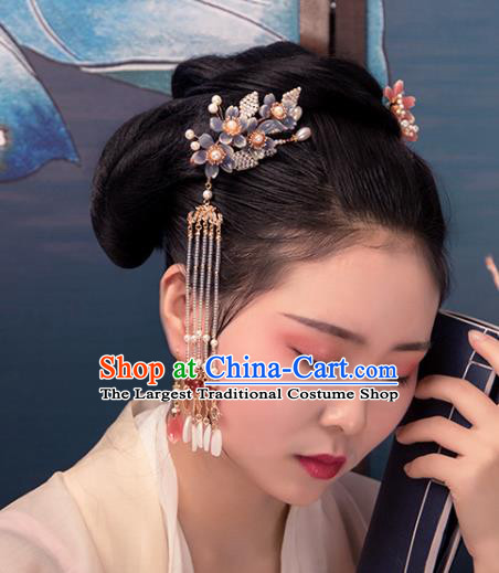 Chinese Classical Court Purple Sakura Hair Sticks Handmade Hanfu Hair Accessories Ancient Ming Dynasty Princess Pearls Hairpins