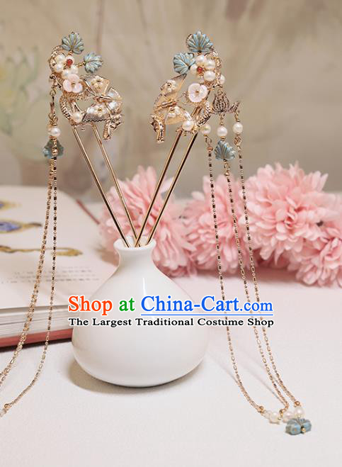 Chinese Classical Court Golden Lotus Hair Stick Handmade Hanfu Hair Accessories Ancient Ming Dynasty Princess Blue Leaf Pearls Hairpins