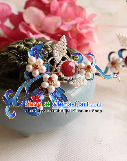 Chinese Classical Court Queen Pearls Hair Stick Handmade Hanfu Hair Accessories Ancient Ming Dynasty Empress Blueing Hairpins