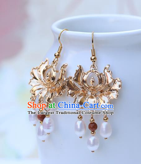 Chinese Handmade Pearls Tassel Earrings Classical Ear Accessories Hanfu Ming Dynasty Princess Golden Lotus Eardrop