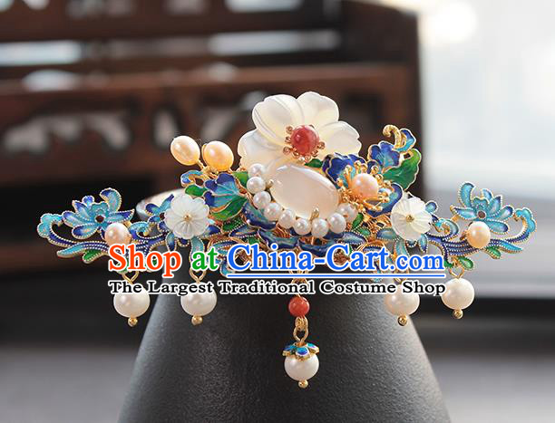 Chinese Classical Blueing Flowers Hair Crown Handmade Hanfu Hair Accessories Ancient Ming Dynasty Empress Pearls Hairpins