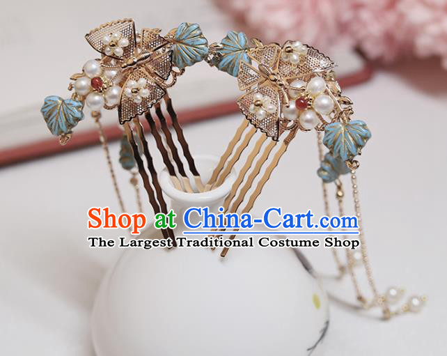 Chinese Classical Court Golden Hair Combs Handmade Hanfu Hair Accessories Ancient Ming Dynasty Princess Blue Leaf Pearls Hairpins