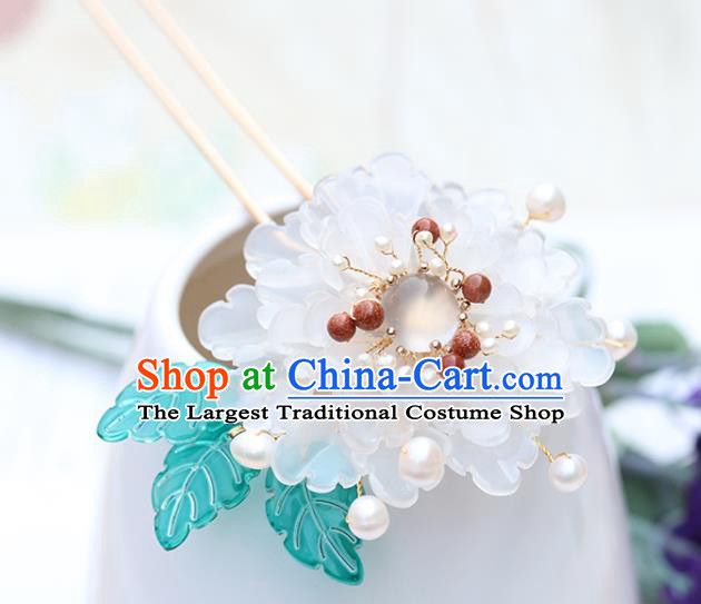 Chinese Classical Palace White Peony Hair Stick Handmade Hanfu Hair Accessories Ancient Ming Dynasty Princess Chalcedony Hairpins