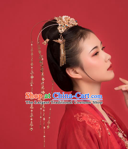 Chinese Classical Palace Pearls Golden Tassel Hair Crown Handmade Hanfu Hair Accessories Ancient Ming Dynasty Empress Pink Chalcedony Hairpins