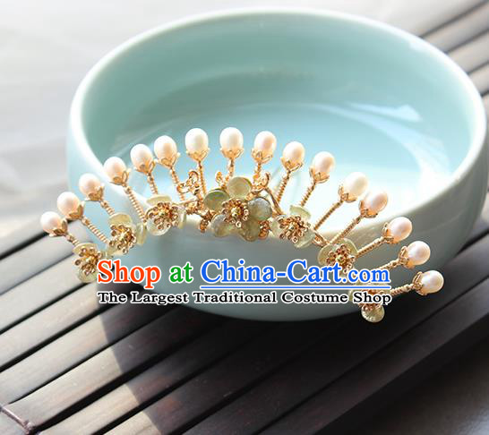 Chinese Classical Green Plum Hair Crown Handmade Hanfu Hair Accessories Ancient Ming Dynasty Empress Pearls Golden Hairpins