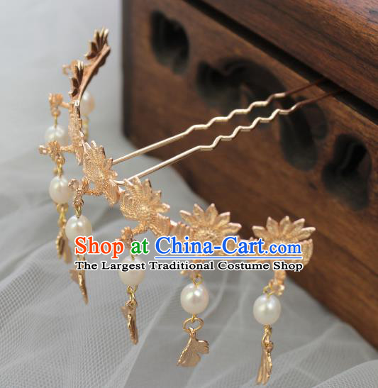 Chinese Classical Court Golden Phoenix Hair Stick Handmade Hanfu Hair Accessories Ancient Song Dynasty Empress Hairpins