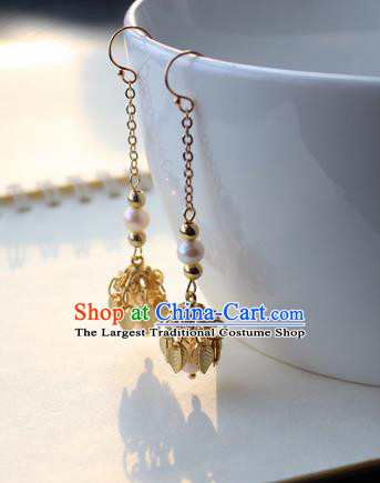 Chinese Handmade Golden Leaf Tassel Earrings Classical Jewelry Accessories Hanfu Ming Dynasty Princess Pearls Eardrop