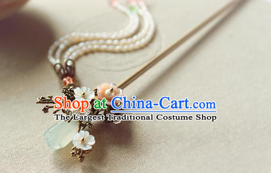 Chinese Classical Pearls Tassel Step Shake Hair Stick Handmade Hanfu Hair Accessories Ancient Ming Dynasty Queen Jade Mangnolia Hairpins