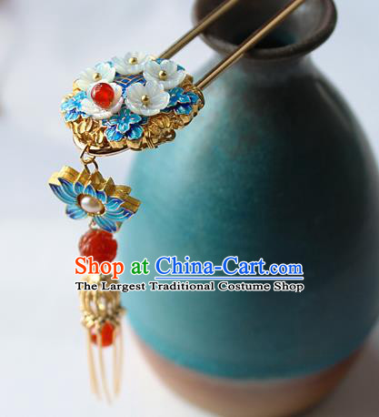 Chinese Classical Blueing Lotus Hair Stick Handmade Hanfu Hair Accessories Ancient Ming Dynasty Empress Golden Tassel Agate Hairpins