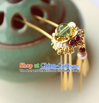 Chinese Classical Pearls Golden Tassel Hair Stick Handmade Hanfu Hair Accessories Ancient Ming Dynasty Queen Hairpins