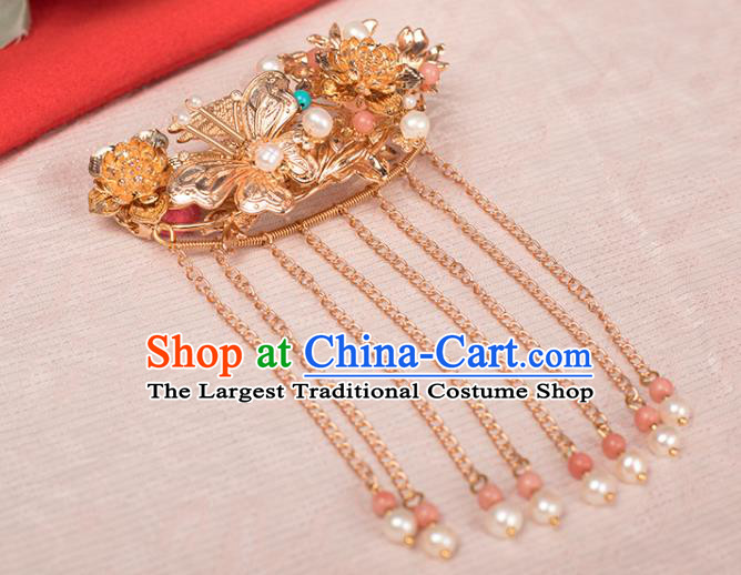 Chinese Classical Golden Butterfly Hair Stick Handmade Hanfu Hair Accessories Ancient Ming Dynasty Empress Tassel Hairpins