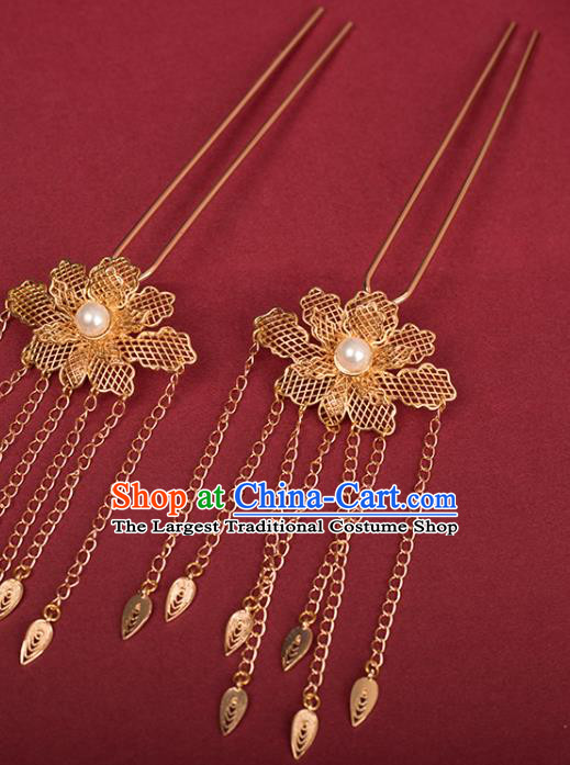 Chinese Classical Golden Peony Tassel Hair Stick Handmade Hanfu Hair Accessories Ancient Ming Dynasty Princess Hairpins