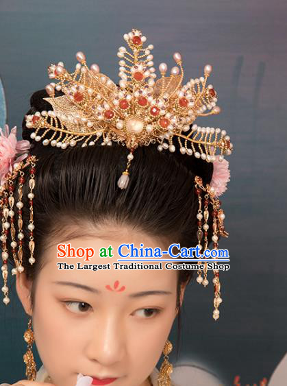 Chinese Classical Golden Phoenix Coronet Handmade Hanfu Hair Accessories Ancient Ming Dynasty Princess Hairpins Pearls Hair Crown