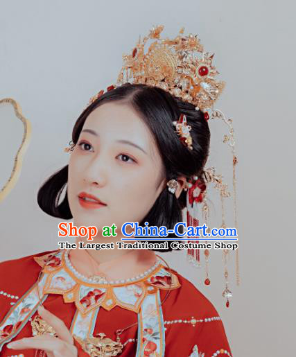 Chinese Classical Golden Phoenix Coronet Handmade Hanfu Hair Accessories Ancient Tang Dynasty Queen Hairpins Pearls Hair Crown