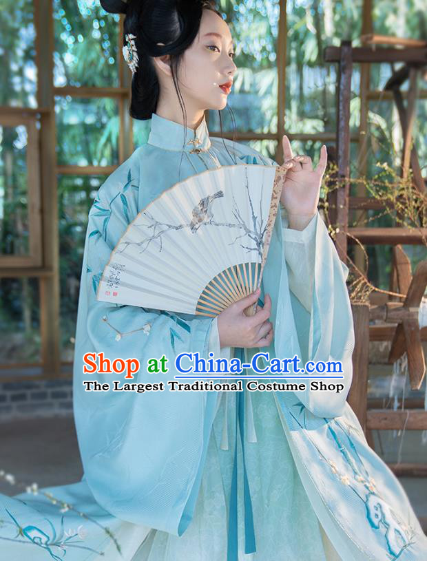 Chinese Ancient Princess Hanfu Dress Traditional Embroidered Blue Long Gown and Skirt Ming Dynasty Noble Lady Historical Costumes Complete Set