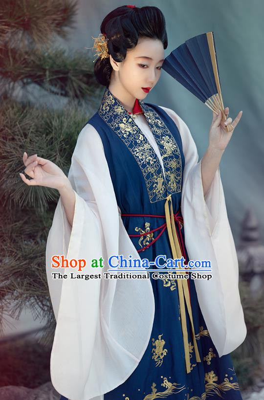 Chinese Ancient Countess Hanfu Apparels Traditional Ming Dynasty Noble Women Historical Costumes Embroidered Deep Blue Long Vest